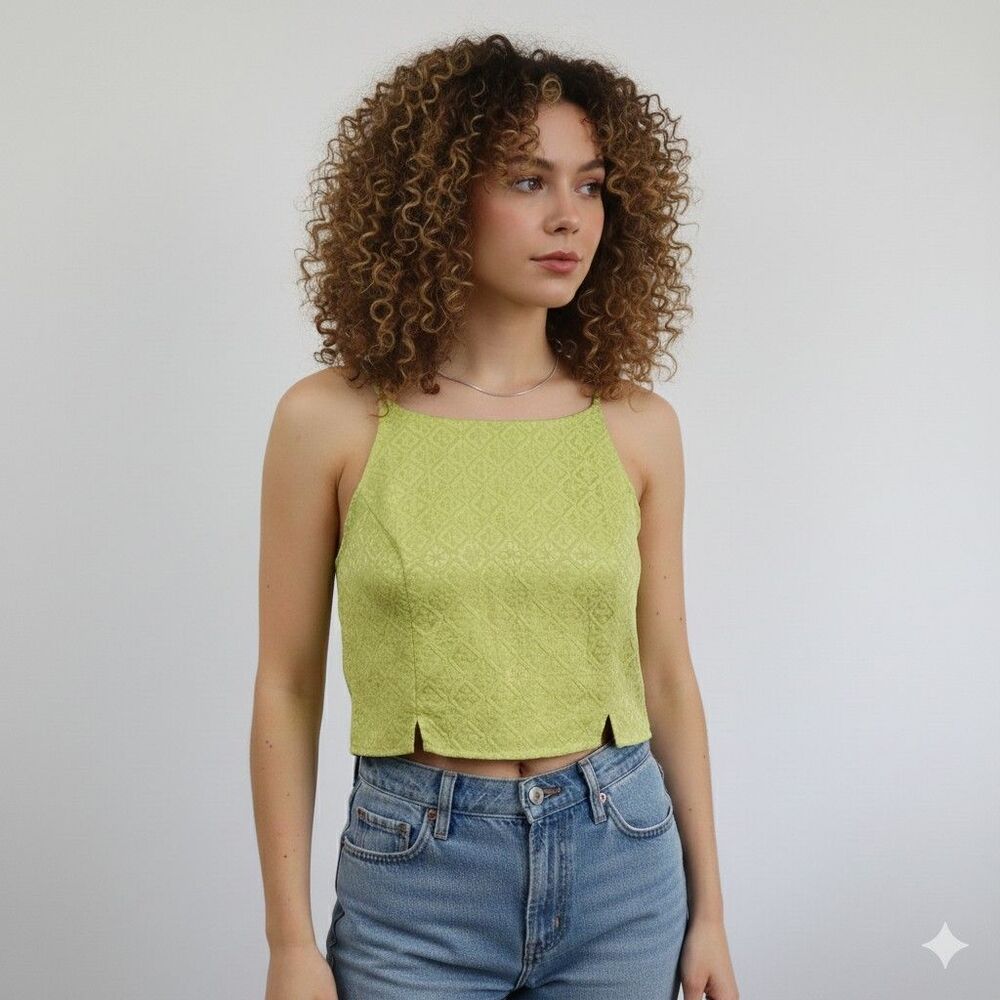 Y2k Tank Top Size Medium‎ Cropped Green Jacquard Fabric Sleeveless Made In USA